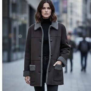 Lauren by Ralph Lauren Black Faux Suede and Shearling Button Up Car Coat Size L